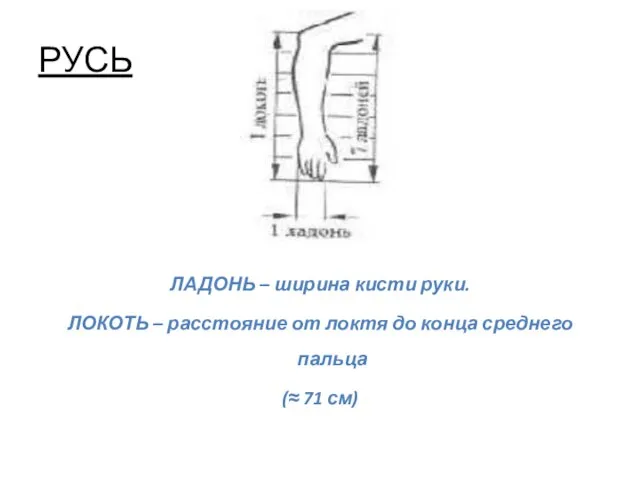 РУСЬ ЛАДОНЬ – ширина кисти руки. ЛОКОТЬ – расстояние от локтя до