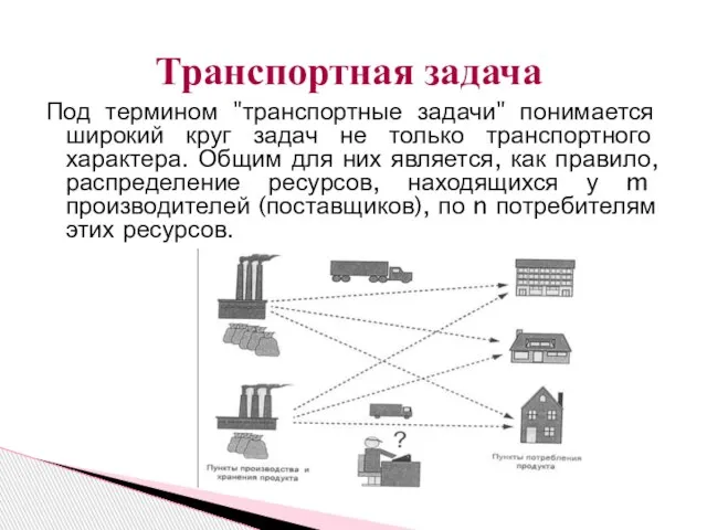 Под термином "транспортные задачи" понимается широкий круг задач не только транспортного характера.