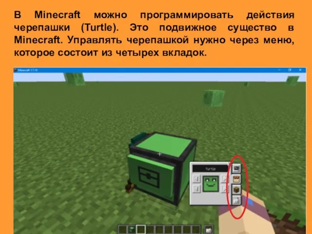 В Minecraft можно программировать действия черепашки (Turtle). Это подвижное существо в Minecraft.