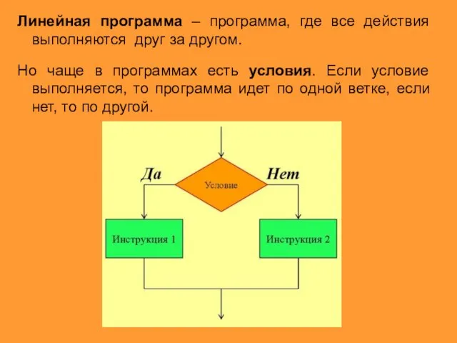 Линейная программа – программа, где все действия выполняются друг за другом. Но