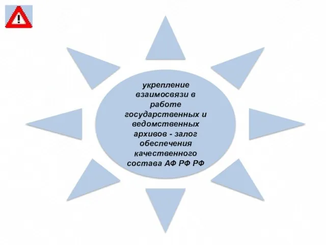 укрепление взаимосвязи в работе государственных и ведомственных архивов - залог обеспечения качественного состава АФ РФ РФ