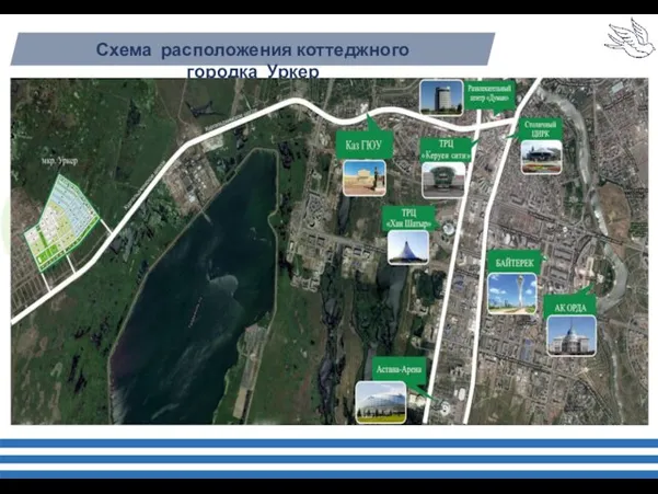 Коттеджный городок располагается в 7-10 минутах езды от главных достопримечательностей города Астаны