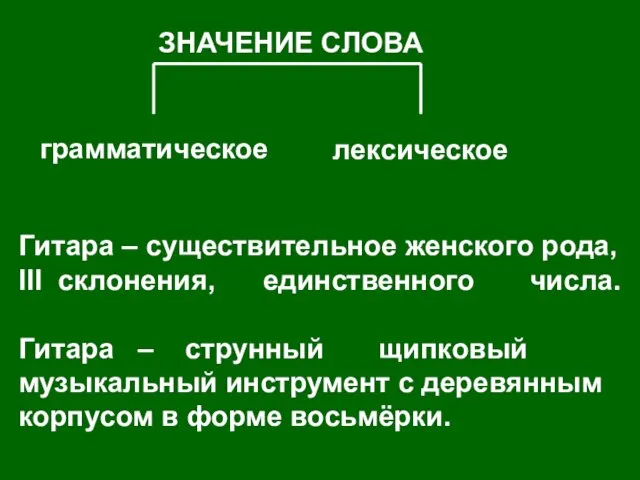 ЗНАЧЕНИЕ СЛОВА грамматическое лексическое Гитара – существительное женского рода, III склонения, единственного