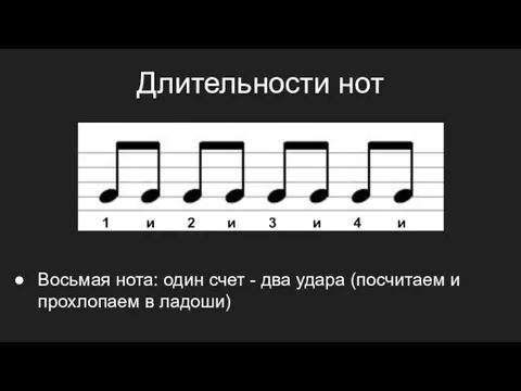 Длительности нот Восьмая нота: один счет - два удара (посчитаем и прохлопаем