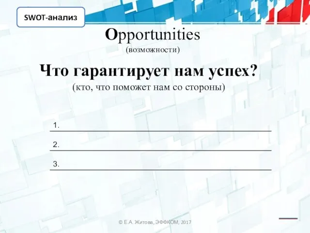 SWOT-анализ © Е.А. Житова, ЭФФКОМ, 2017 Opportunities (возможности) Что гарантирует нам успех?