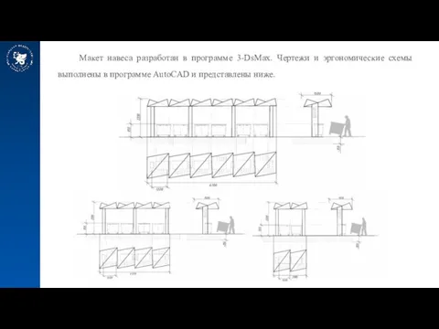 Макет навеса разработан в программе 3-DsMax. Чертежи и эргономические схемы выполнены в