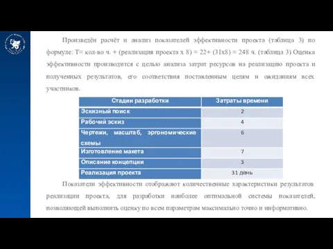 Произведён расчёт и анализ показателей эффективности проекта (таблица 3) по формуле: T=