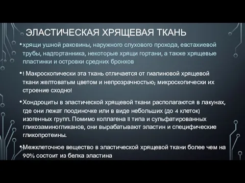 ЭЛАСТИЧЕСКАЯ ХРЯЩЕВАЯ ТКАНЬ хрящи ушной раковины, наружного слухового прохода, евстахиевой трубы, надгортанника,