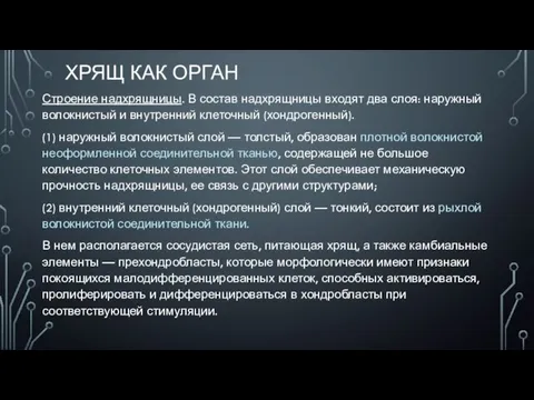 ХРЯЩ КАК ОРГАН Строение надхрящницы. В состав надхрящницы входят два слоя: наружный