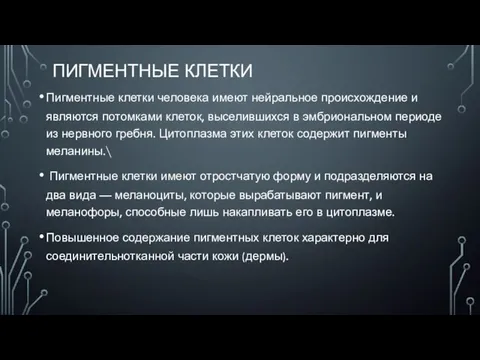 ПИГМЕНТНЫЕ КЛЕТКИ Пигментные клетки человека имеют нейральное происхождение и являются потомками клеток,