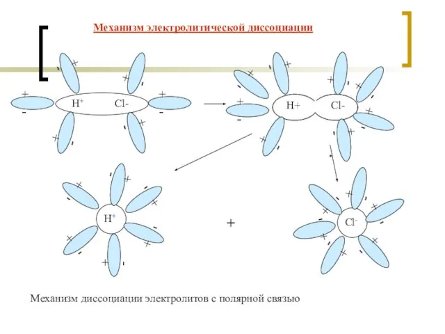 + - Механизм диссоциации электролитов с полярной связью Механизм электролитической диссоциации