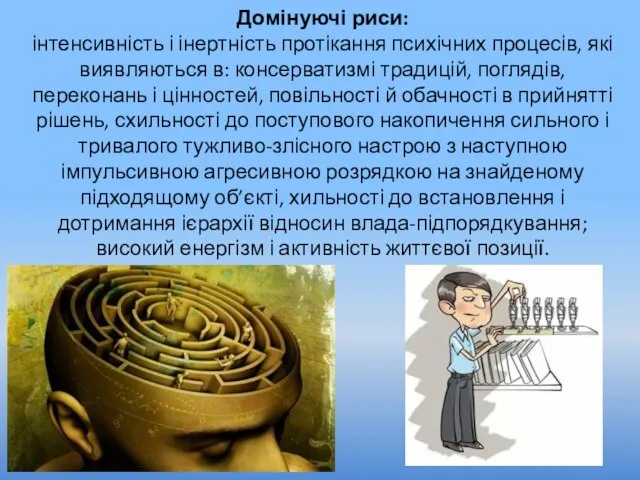 Домінуючі риси: інтенсивність і інертність протікання психічних процесів, які виявляються в: консерватизмі