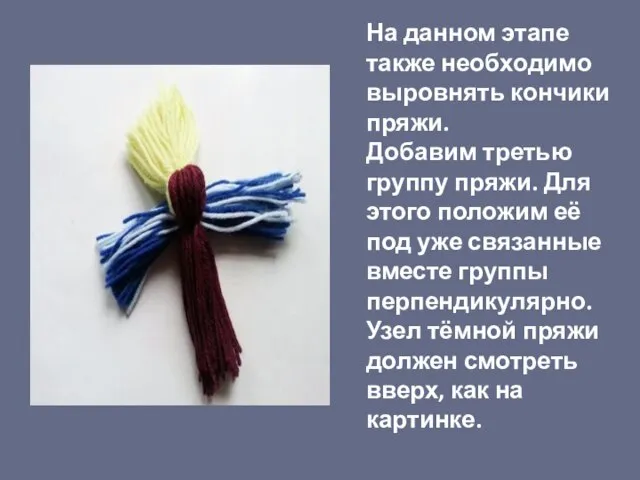 На данном этапе также необходимо выровнять кончики пряжи. Добавим третью группу пряжи.