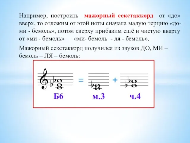 Например, построить мажорный секстаккорд от «до» вверх, то отложим от этой ноты