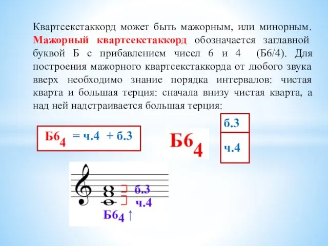 Квартсекстаккорд может быть мажорным, или минорным. Мажорный квартсекстаккорд обозначается заглавной буквой Б