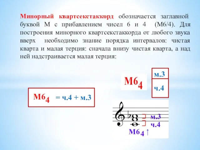 = ч.4 + м.3 Минорный квартсекстаккорд обозначается заглавной буквой М с прибавлением