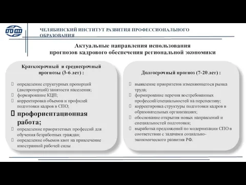 Актуальные направления использования прогнозов кадрового обеспечения региональной экономики Краткосрочный и среднесрочный прогнозы