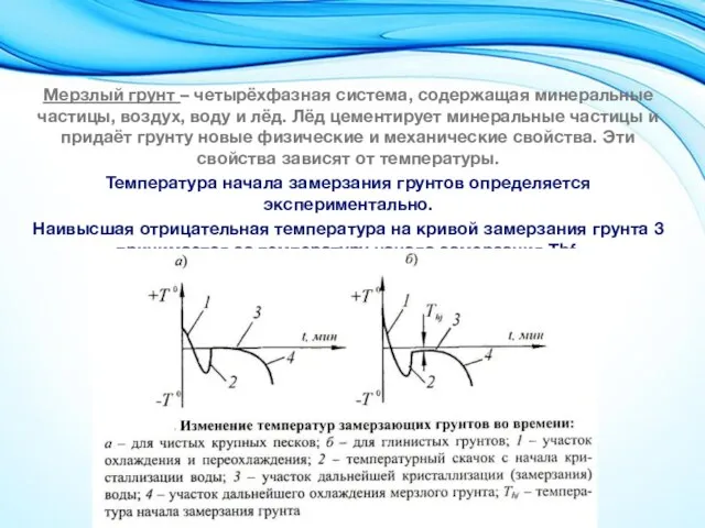 Мерзлый грунт – четырёхфазная система, содержащая минеральные частицы, воздух, воду и лёд.