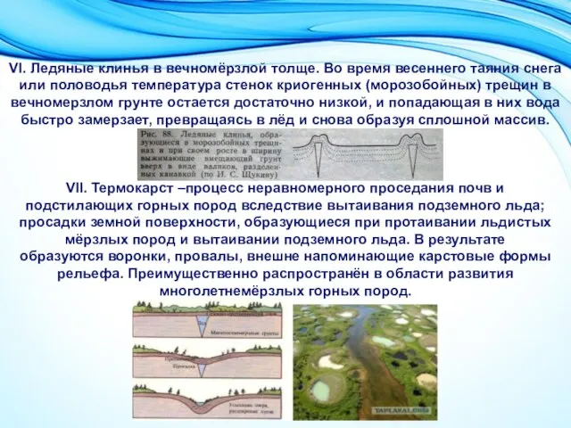 VI. Ледяные клинья в вечномёрзлой толще. Во время весеннего таяния снега или