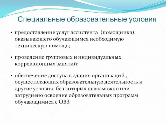 Специальные образовательные условия предоставление услуг ассистента (помощника), оказывающего обучающимся необходимую техническую помощь;