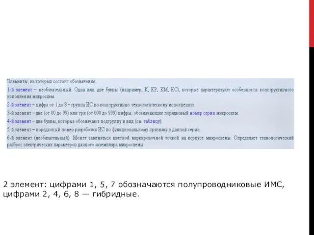 2 элемент: цифрами 1, 5, 7 обозначаются полупроводниковые ИМС, цифрами 2, 4, 6, 8 — гибридные.