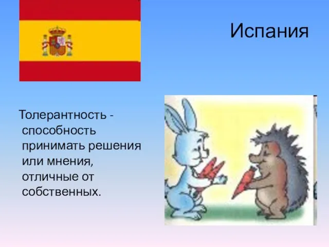 Испания Толерантность - способность принимать решения или мнения, отличные от собственных.