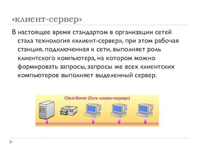 «клиент-сервер» В настоящее время стандартом в организации сетей стала технология «клиент-сервер», при