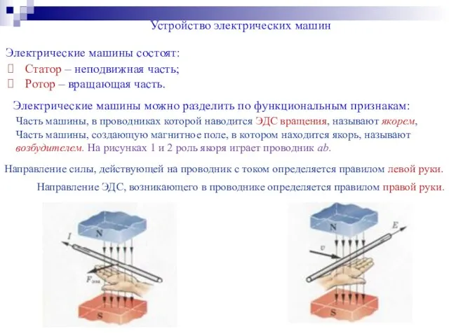 Устройство электрических машин Электрические машины состоят: Статор – неподвижная часть; Ротор –