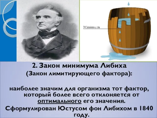 2. Закон минимума Либиха (Закон лимитирующего фактора): наиболее значим для организма тот