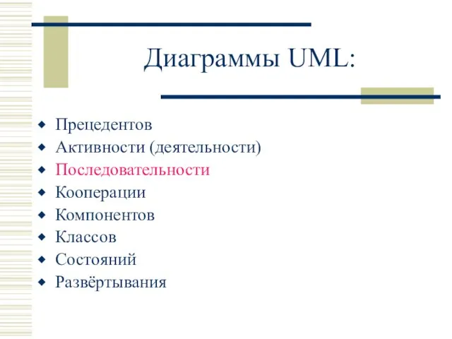 Диаграммы UML: Прецедентов Активности (деятельности) Последовательности Кооперации Компонентов Классов Состояний Развёртывания