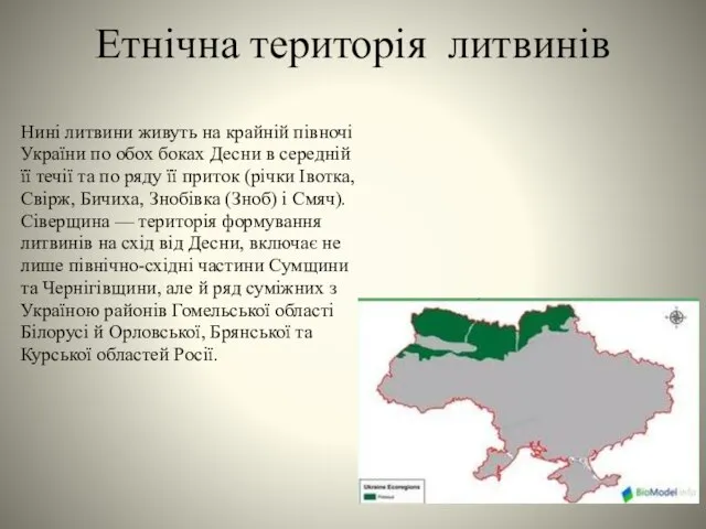 Етнічна територія литвинів Нині литвини живуть на крайній півночі України по обох