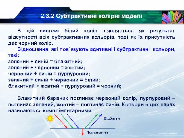 2.3.2 Субтрактивні колірні моделі В цій системі білий колір з`являється як результат