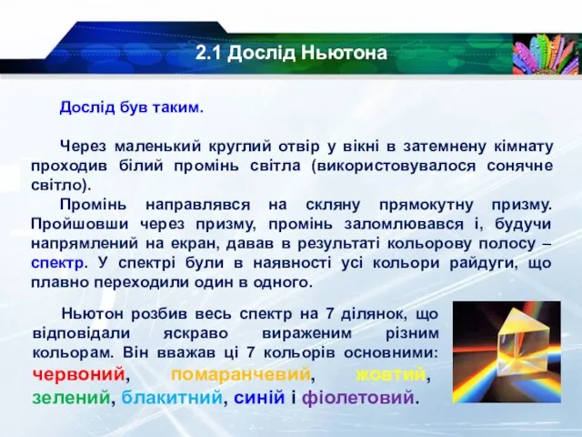 2.1 Дослід Ньютона Дослід був таким. Через маленький круглий отвір у вікні