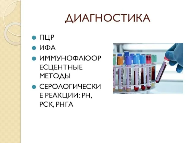 ДИАГНОСТИКА ПЦР ИФА ИММУНОФЛЮОРЕСЦЕНТНЫЕ МЕТОДЫ СЕРОЛОГИЧЕСКИЕ РЕАКЦИИ: РН, РСК, РНГА