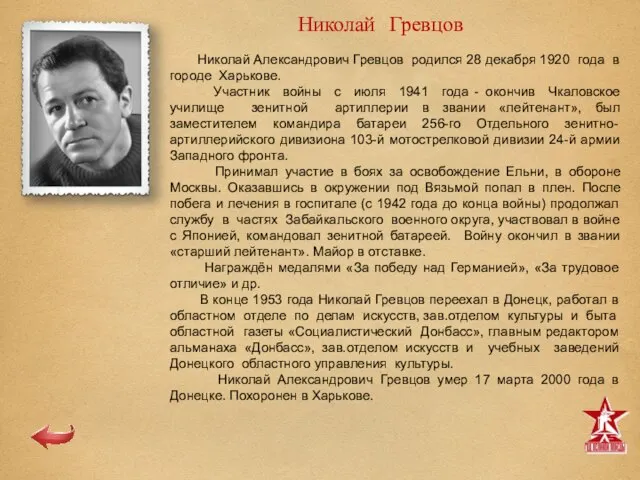 Николай Гревцов Николай Александрович Гревцов родился 28 декабря 1920 года в городе