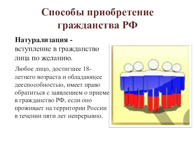 Способы приобретение гражданства РФ Натурализация - вступление в гражданство лица по желанию.