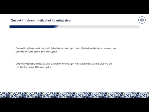 Öncəki imtahanın nəticələri ilə müqayisə Öncəki imtahanla müqayisədə 34 nəfər əməkdaşın nəticələrində