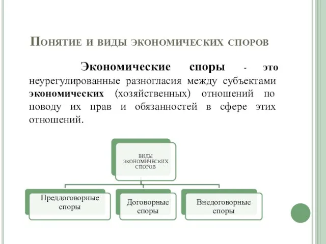 Понятие и виды экономических споров Экономические споры - это неурегулированные разногласия между