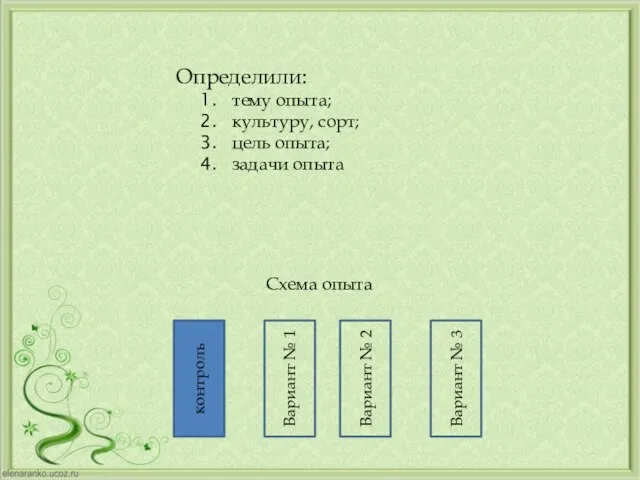 Схема опыта Вариант № 3 контроль Вариант № 1 Вариант № 2