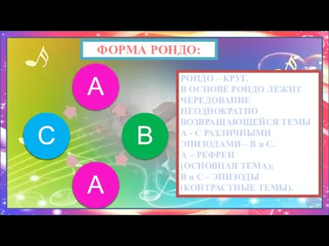 ФОРМА РОНДО: РОНДО – КРУГ. В ОСНОВЕ РОНДО ЛЕЖИТ ЧЕРЕДОВАНИЕ НЕОДНОКРАТНО ВОЗВРАЩАЮЩЕЙСЯ