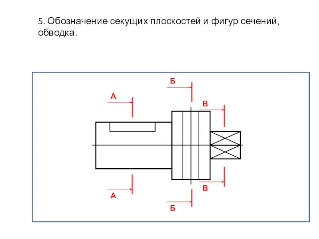 5. Обозначение секущих плоскостей и фигур сечений, обводка. А А Б Б В В