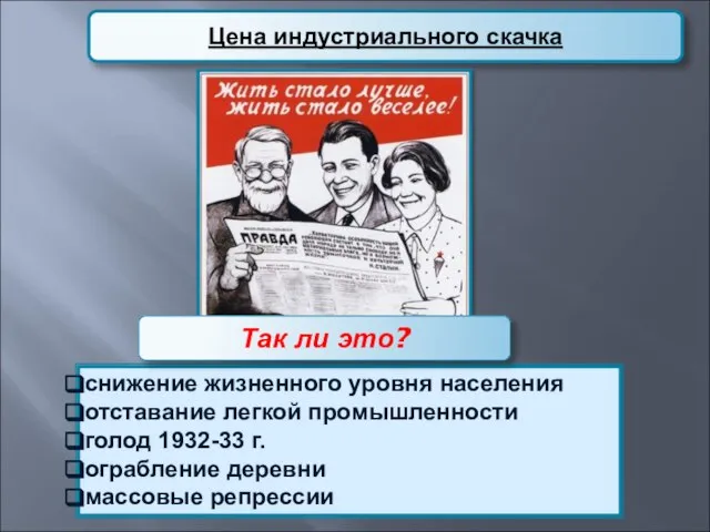 Цена индустриального скачка снижение жизненного уровня населения отставание легкой промышленности голод 1932-33