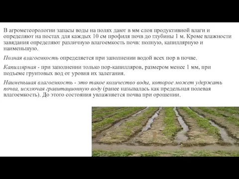 В агрометеорологии запасы воды на полях дают в мм слоя продуктивной влаги