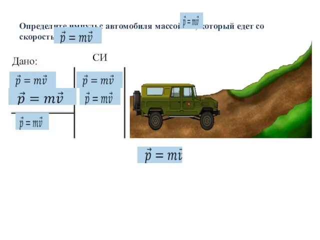 Определите импульс автомобиля массой 2 т, который едет со скоростью 54 км/ч. Дано: СИ