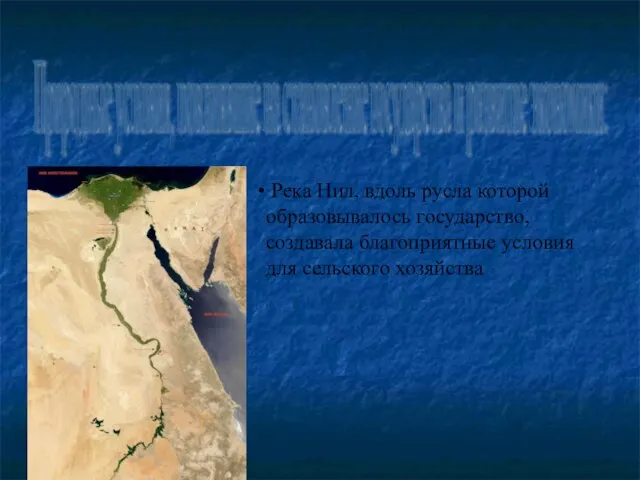 Природные условия, повлиявшие на становление государства и развитие экономики: Река Нил, вдоль