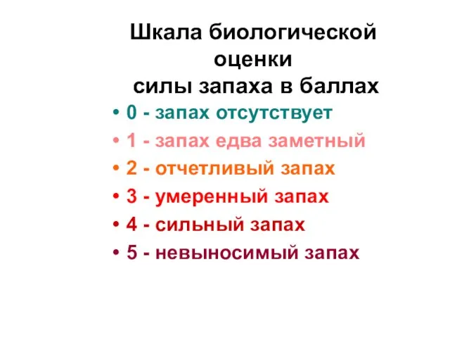 Шкала биологической оценки силы запаха в баллах 0 - запах отсутствует 1