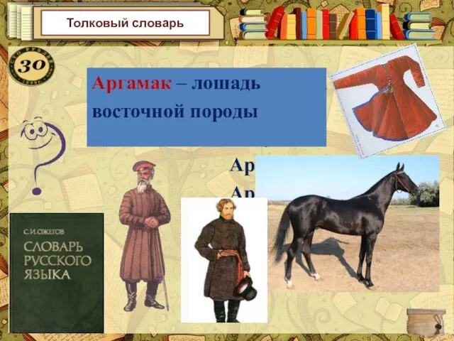 Толковый словарь Найдите лишнее Армяк Зипун Аргамак Архалук Аргамак – лошадь восточной породы
