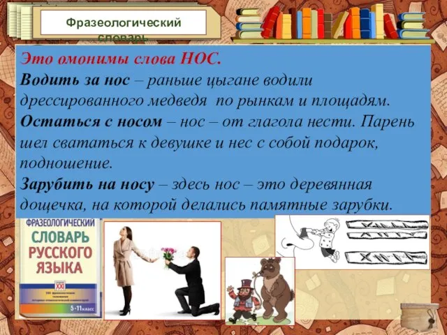 Фразеологический словарь «Водить за нос», «зарубить на носу», «остаться с носом». Об