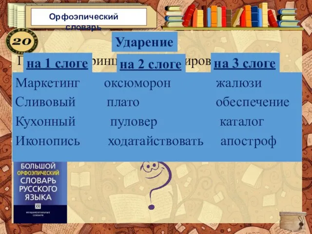 Орфоэпический словарь По какому принципу сгруппированы слова? Маркетинг оксюморон жалюзи Сливовый плато