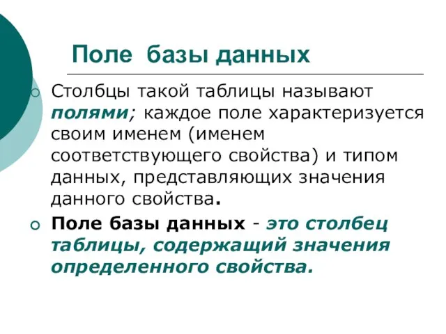 Поле базы данных Столбцы такой таблицы называют полями; каждое поле характеризуется своим